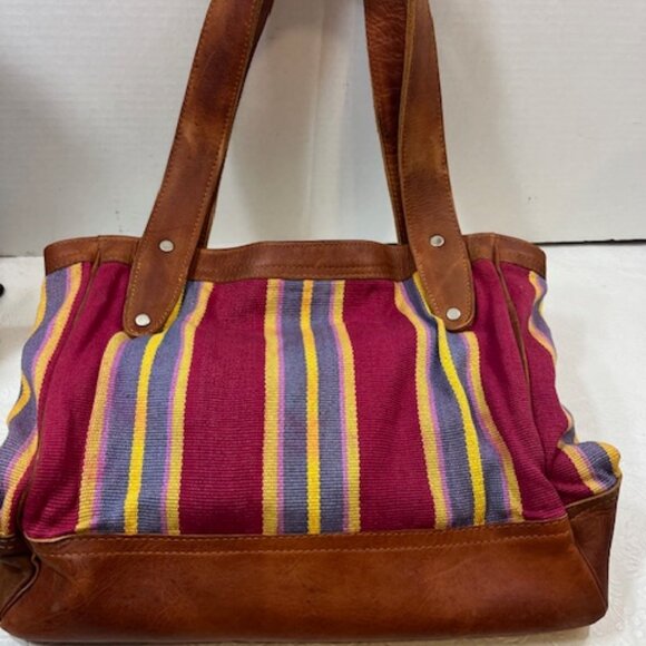 VTG Brown Leather & Striped Tapestry Handbag Snap Closure 11"x4"x10.5" - Picture 4 of 13
